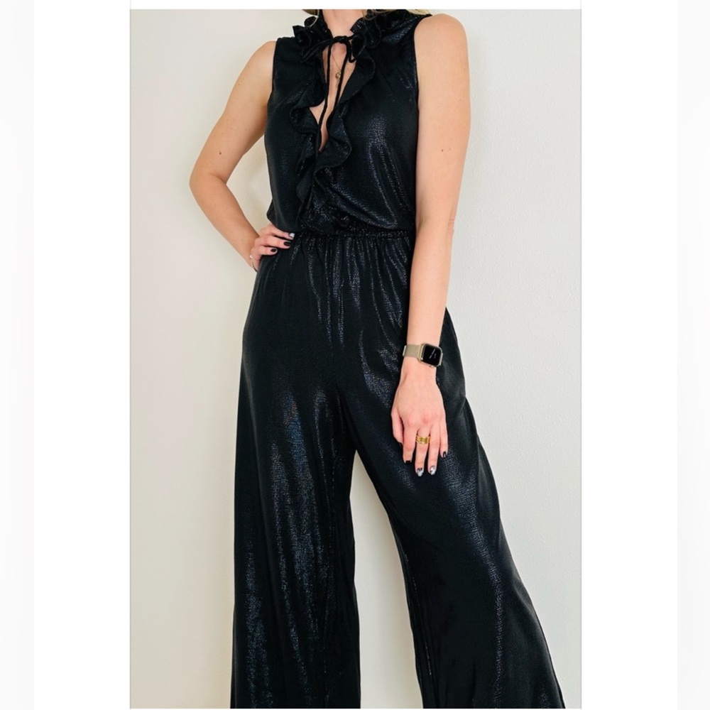 Zac Posen Black Metallic Sleeveless Wide Leg Jumpsuit